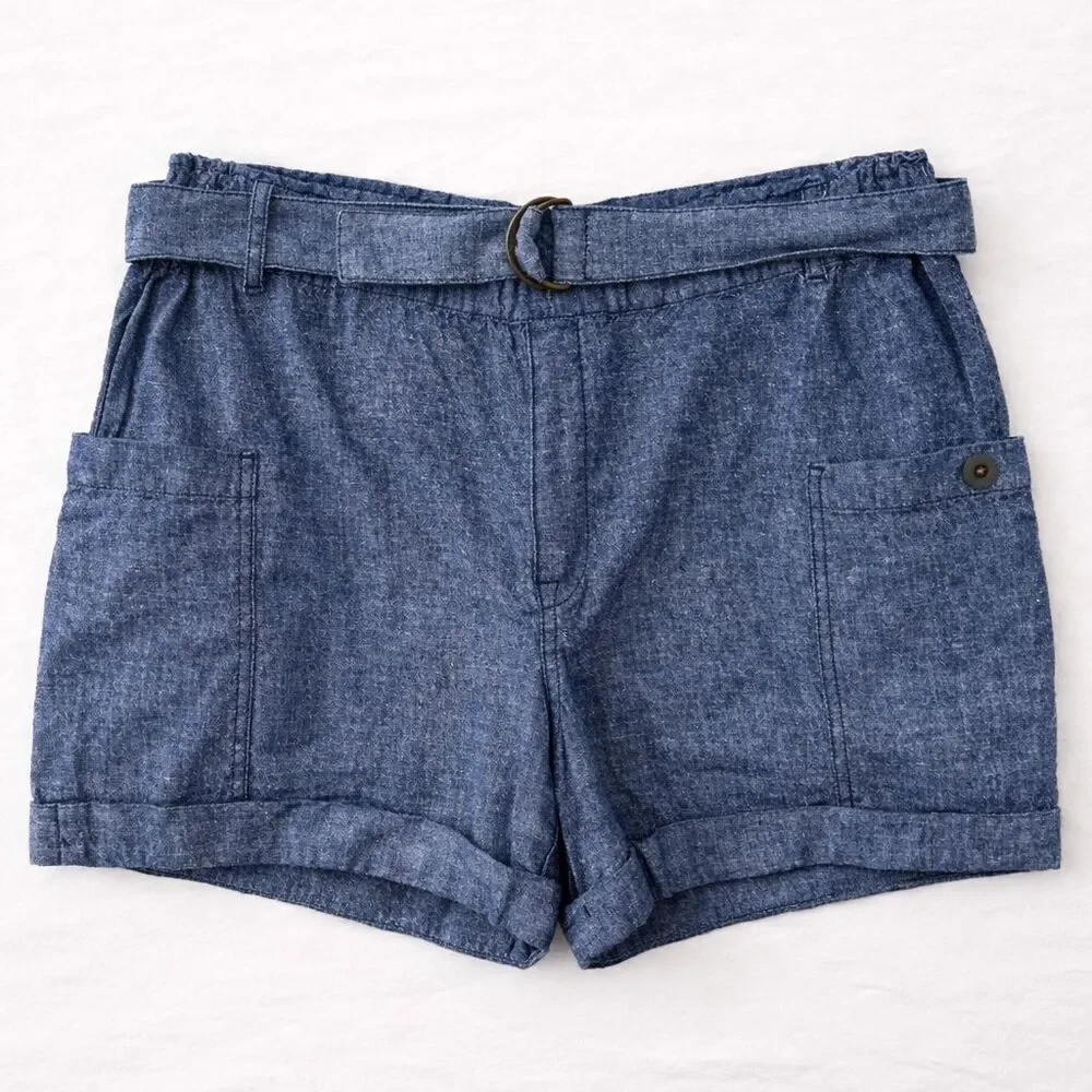 Anthropologie Hei Hei Shorts Size Medium Linen Cotton Blue Belted Pockets